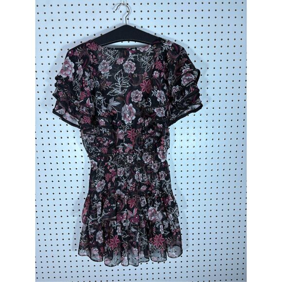 Misa Los Angeles Gallie Black Pink Floral Print Ruffle Mini Dress Size S - Picture 2 of 9